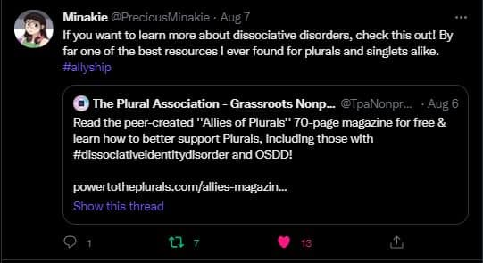Tweet about the magazine by Minakie @PreciousMinakie. Text says: If you want to learn more about dissociative disorders, check this out! By far one of the best resources I ever found for plurals and singlets alike.