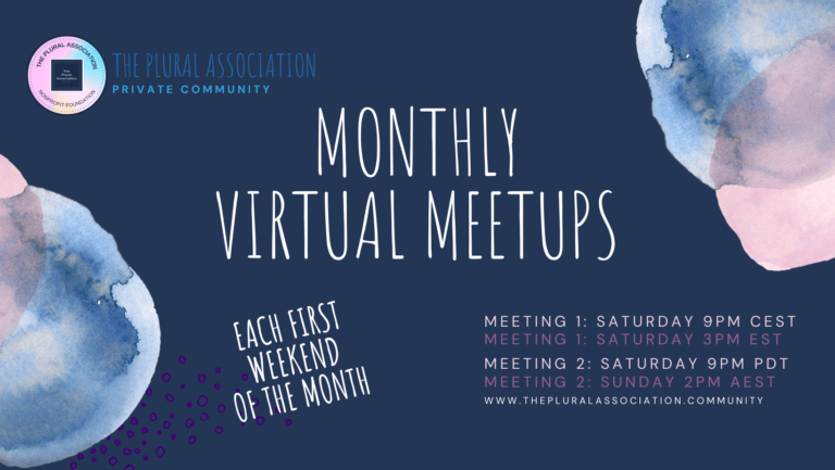 Image: Monthly virtual Meetups in our private community. Each first weekend of the month. 2 meetings available. The first meeting is on Saturday at 3pm EST. The second meeting is on Saturday 9pm PDT.