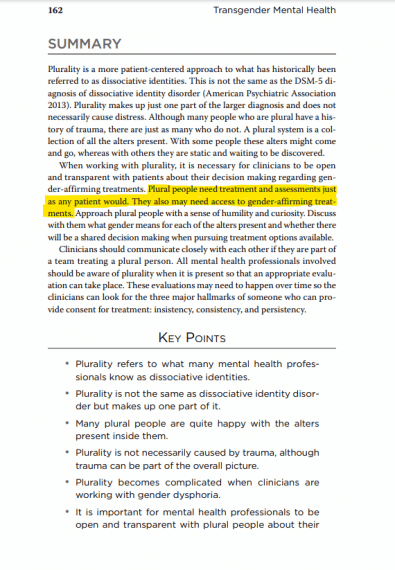 Screenshot of page 162 of the book ''Transgender Mental Health'' by Eric Yarbrough, published by the American Psychiatric Association in 2018. The sentence ''Plural people need treatment and assessments just as any patient would. They also may need access to gender-affirming treatments.'' is highlighted.
