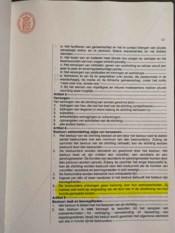 Picture of our legal statutes page 2, highlighted text says: ''The directors receive no remuneration for their work. They are, however, entitled to reimbursement of the costs incurred by them in the performance of their duties.''