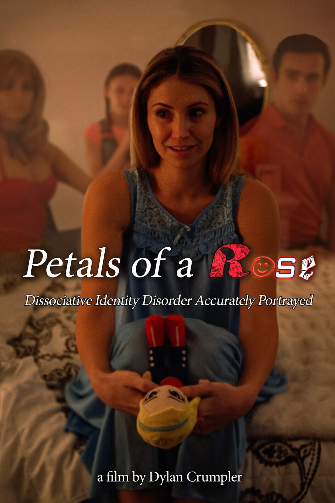 Film poster for Petals of a Rose. Showing the main actrice holding a doll. You can see her parts standing behind her.