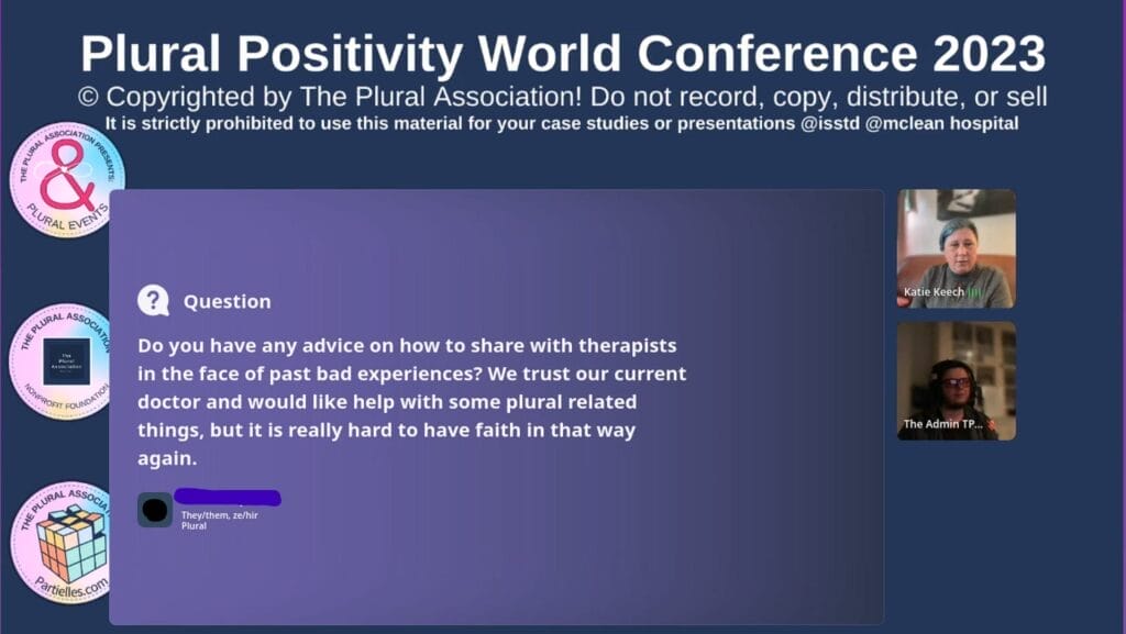 The virtual stage of our event, showcasing the live Q&A feature. With the words plural positivity world conference 2023.